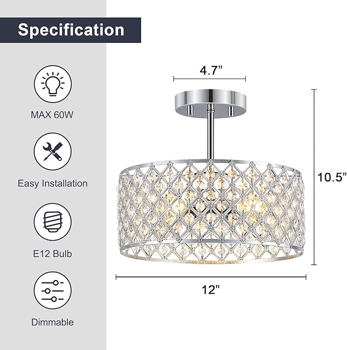 Chrome Crystal Ceiling Light Fixture,Modern Semi Flush Mount Ceiling Lighting Fixture,Round Small Chandelier for Dining Room, Hallway, Entryway, Kitchen, Bedroom,Foyer,3 Light,12 inch