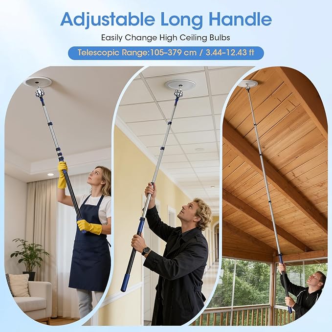 Light Bulb Changer for High Ceilings, 3.4-12.4FT Extension Pole Telescopic Extension Poles for Cleaning, Ceiling Fan Cleaner Duster Kit with Baskets, Suction Cup, Plush Brush for Roof Window Cleaning