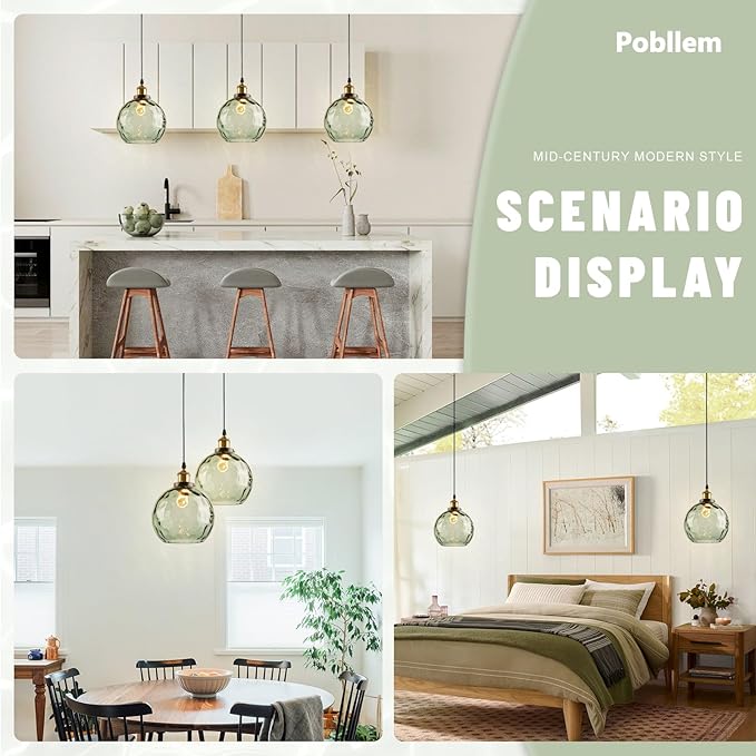 Modern Green Pendant Light, Hammered Glass Pendant Light Fixture Mid Century Globe Pendant Lights Vintage 1-Light Gold Hanging Pendant Lighting for Kitchen Island Dining Room Bedroom Bathroom