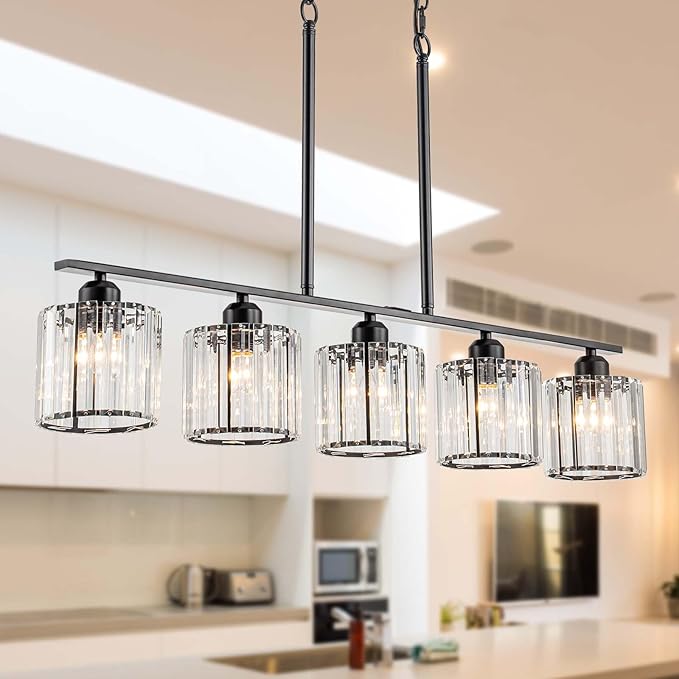 36" Black Chandeliers for Dining Room Light Fixtures over Table, 5-Light Black Linear Farmhouse Pendant Lights Kitchen Island Lighting, Modern Island Lights for Kitchen with Clear K9 Cystal Shades