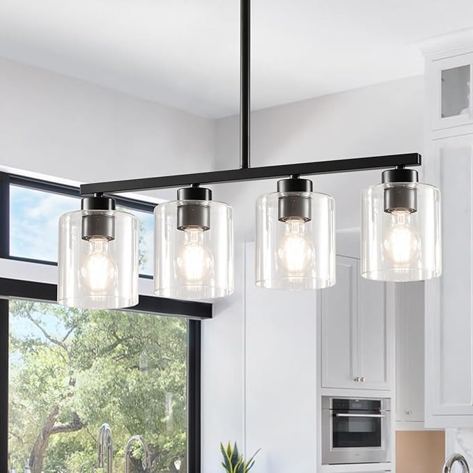 4-Light Kitchen Island Lighting, Black Pendant Light Fixture, Farmhouse Dining Room Light Fixtures Over Table, Modern Hanging Light Fixtures with Clear Glass, E26 Base, Bulbs Not Included