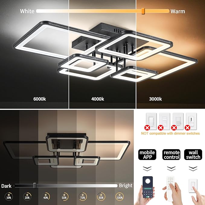 Shine LUEST Modern LED Ceiling Light Fixture Black Kitchen Lighting Fixtures Ceiling for Bedroom 31.5" Dimmable 6 Ring Square Ceiling Light for Kitchen with Remote Control for Living Room,Dining Room