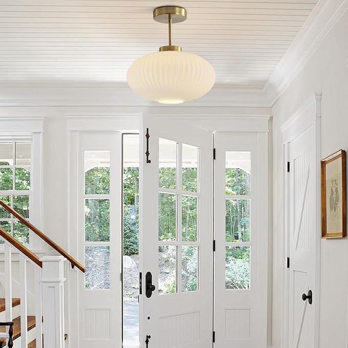 KCO Lighting 11.8‘’ White Ribbed Glass Semi Flush Mount Ceiling Light Large Milk Glass Ceiling Lights Fixture Brushed Gold Flush Mount Bathroom Light Mid Century Modern Entry Lights