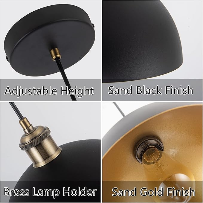 9.84" Modern Industrial Black Pendant Lights Farmhouse Dome Black Gold Pendant Lighting Fixture Vintage Golden Pendant Light for Kitchen, Dining Room, Bedroom, Hallway, Living Room, Set of 3