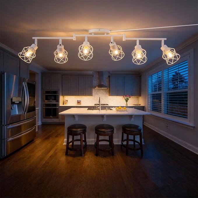 Dimmable 6 Light Plug in Ceiling Light,White Plug in Track Lighting Kit with 16.5' Cord,Flexibly Rotatable Light Head,Modern Industrial Farmhouse Style(Bulbs Not Included)