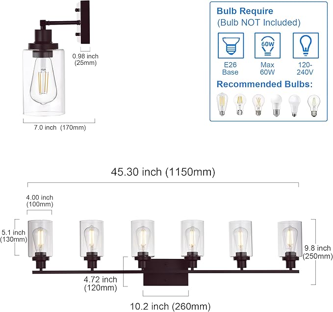 MELUCEE 6-Light Bathroom Vanity Light Fixture Vintage Industrial Oil Rubbed Bronze Wall Sconce Lighting with Clear Glass Shade for Living Room Bedroom Kitchen (Patent No.: US D963914 S)