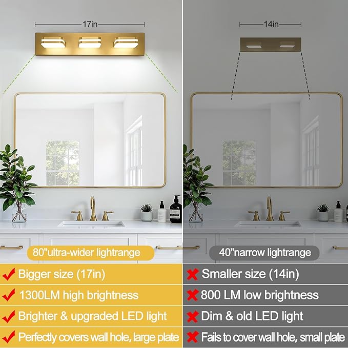 360° Rotate LED Bathroom Vanity Light Fixtures, 1300LM Acrylic Gold Vanity Lights for Bathroom, Modern Wall Lighting Fixtures Over Mirror Kitchen Living Room Hallway (Natural White Light 5000K)