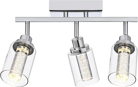 MELUCEE 5-Color Dimmbale LED Track Lighting Kit Chrome Ceiling Mount 3-Light Wall Scones Rotatable Spotlight Ceiling Light Fixture, Kitchen Track Lighting Bathroom Vanity Fixtures, Clear Glass