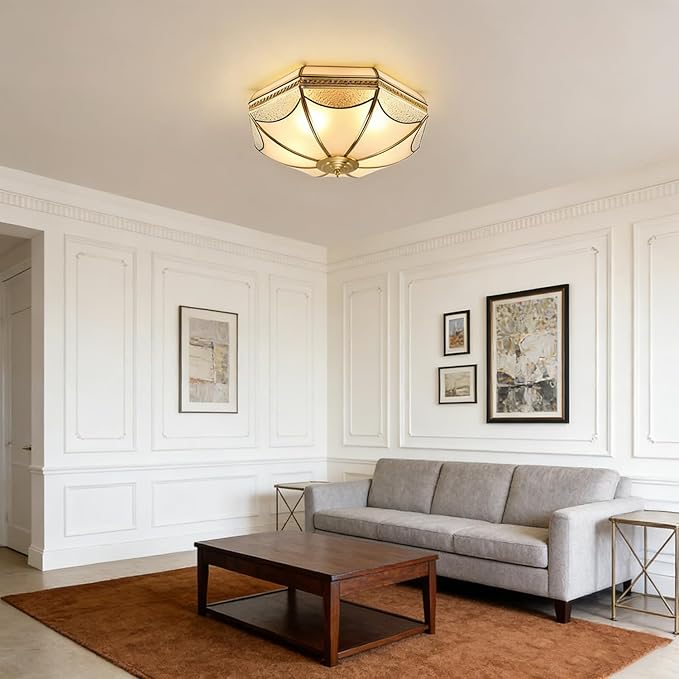 Brass Flush Mount Ceiling Light,3-Lights Dining Room Light Fixture,Frosted Glass Gold Lighting Fixture,Vintage Style Ceiling Lamp for Living Room Bedroom