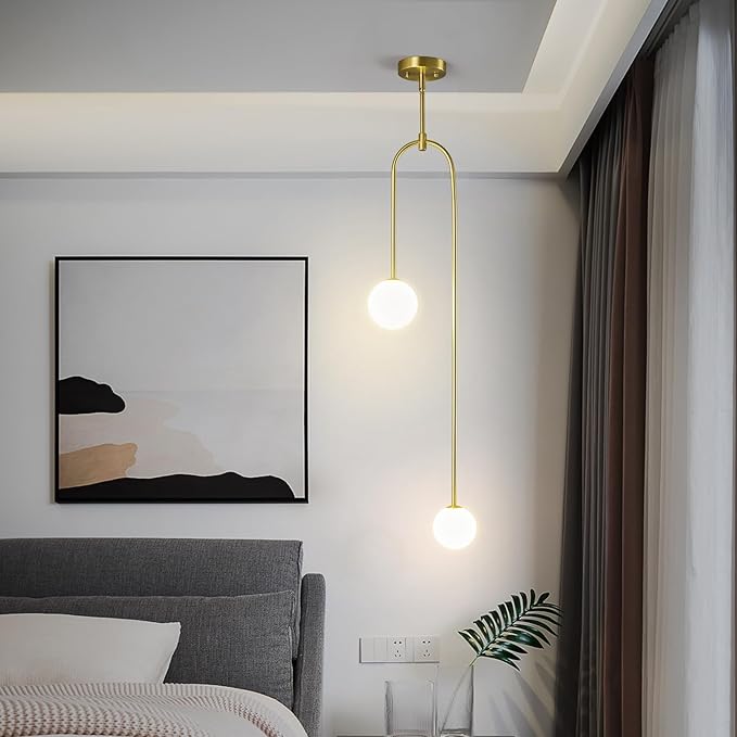 Modern Milk Glass Pendant Light 2 Light Mid Century Chandelier Small Glass Globe Gold Pendant Lights for Kitchen Island Bedroom Dining (1 Pack)