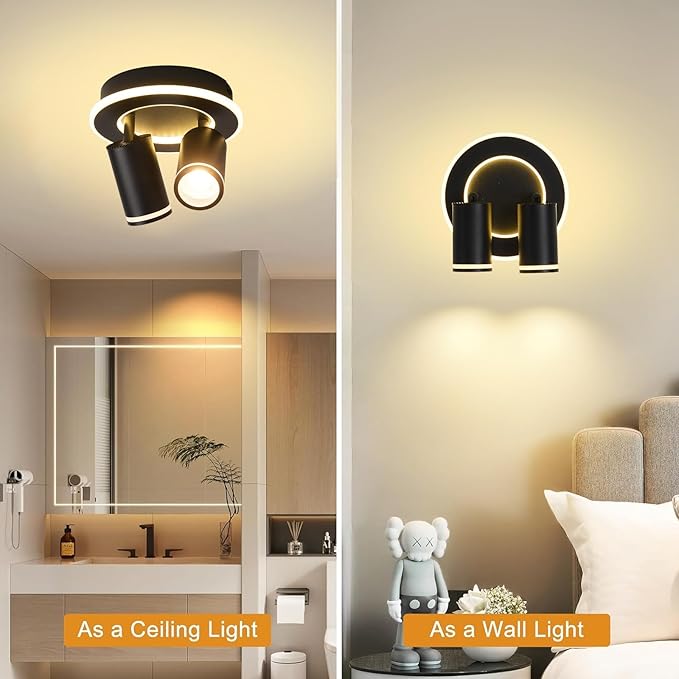 LED 2 Light Track Lighting Kit, Black Round Ceiling Spot Lighting Fixture with Flexibly Rotatable Heads, Modern Spotlight for Kitchen, Living Room, Bedroom, Dual Lighting Design,Includes 2 x GU10 Bulb
