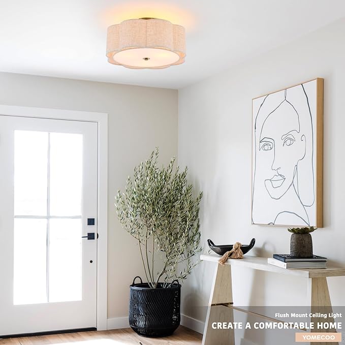 Semi Flush Mount Ceiling Light, Beige Linen Fabric Shade Ceiling Light, Golden Modern Farmhouse Close to Ceiling Light for Bedroom, Hallway, Living Room, Dining Room, Laundry Room