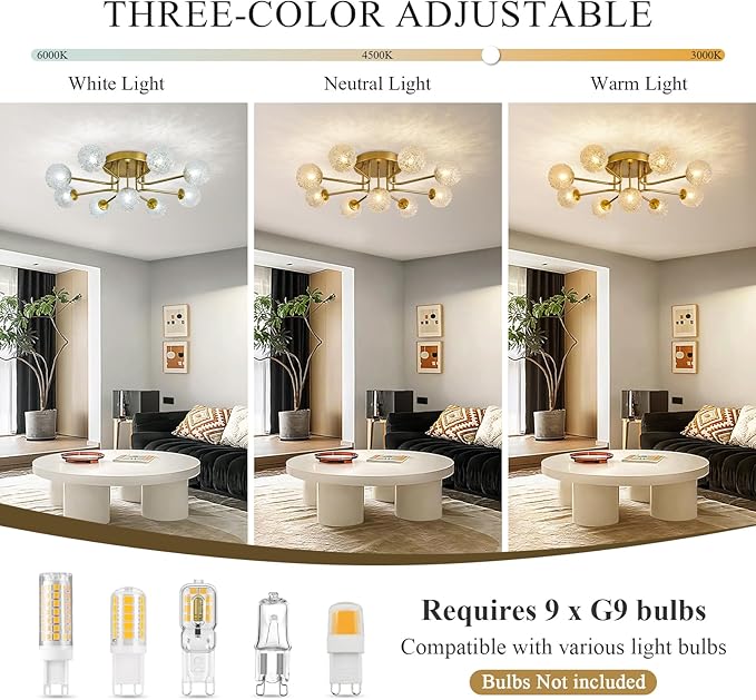 Sputnik Semi Flush Mount Ceiling Light Gold Glass Globe Chandelier Ceiling Lighting Mid Century Modern 9 Lights Bubble Chandelier for Dining Living Room Bedroom