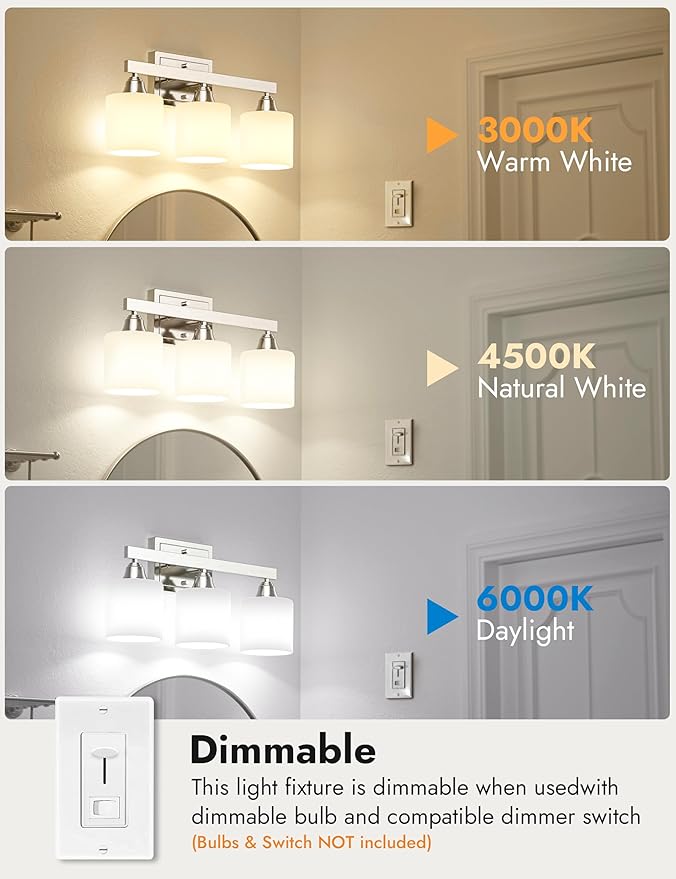 VOLISUN Brushed Nickel Bathroom Light Fixtures, 3-Light Bathroom Vanity Lights Over Mirror, Modern Vanity Light for Bathrooms, Bathrooms Lights Fixtures Over Mirror with Milky White Glass Shades