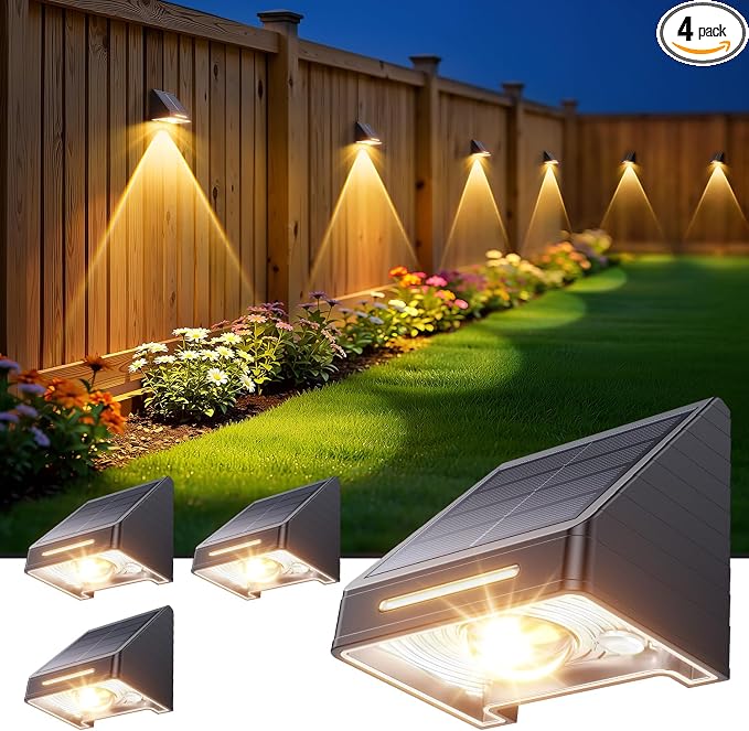 KOOPER Solar Fence Lights Outdoor Waterproof 4 Pack, Solar Fence Lights with Ultra-Bright LED Lens, 10 Modes & 9 Colors Outdoor Solar Lights for Fence, Backyard, Railing, Patio, Wall, Step, Deck