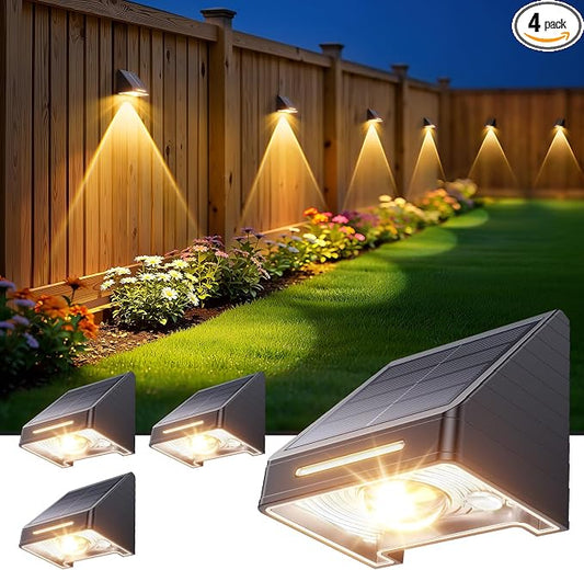 KOOPER Solar Fence Lights Outdoor Waterproof 4 Pack, Solar Fence Lights with Ultra-Bright LED Lens, 10 Modes & 9 Colors Outdoor Solar Lights for Fence, Backyard, Railing, Patio, Wall, Step, Deck
