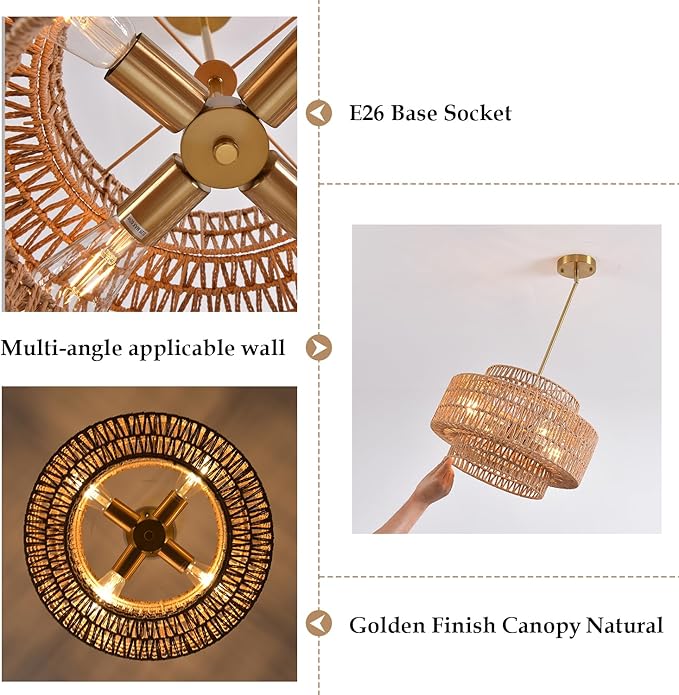 4-Light Boho Rattan Chandelier Light Fixture 17.7" 3-Tier Farmhouse Boho Chandelier Hand Woven Rattan Pendant Light Rustic
