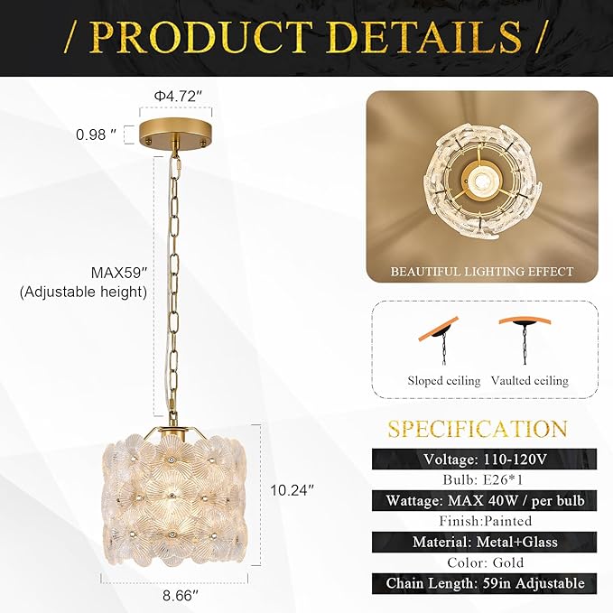Gold Glass Pendant Light 1-Pack Modern Flower Small Ceiling Pendant Lighting 1-Light for Kitchen Island Sink Dining Room Bedroom Entryway Hallway, E26