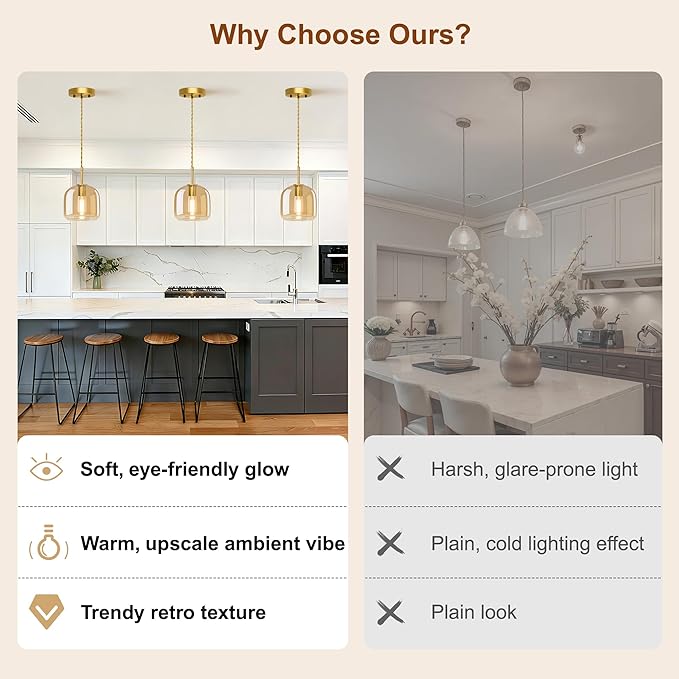 Pendant Lights 3 Pack,Pendant Kitchen Island Light with Amber Glass Shade,Gold Pendant Light Adjustable Hanging Light for Dining Room,Kitchen Island,Hallway,Living Room and Coffee Shop