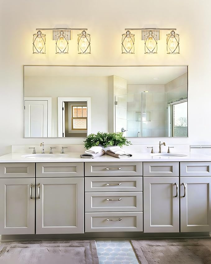 3-Light Brushed Nickel Bathroom Light Fixtures, 21 Inch Modern Bathroom Vanity Lighting Fixtures Over Mirror with Clear Glass and Metal Cage Wall Sconce Lights for Bath, E26, CH9176BN-3W