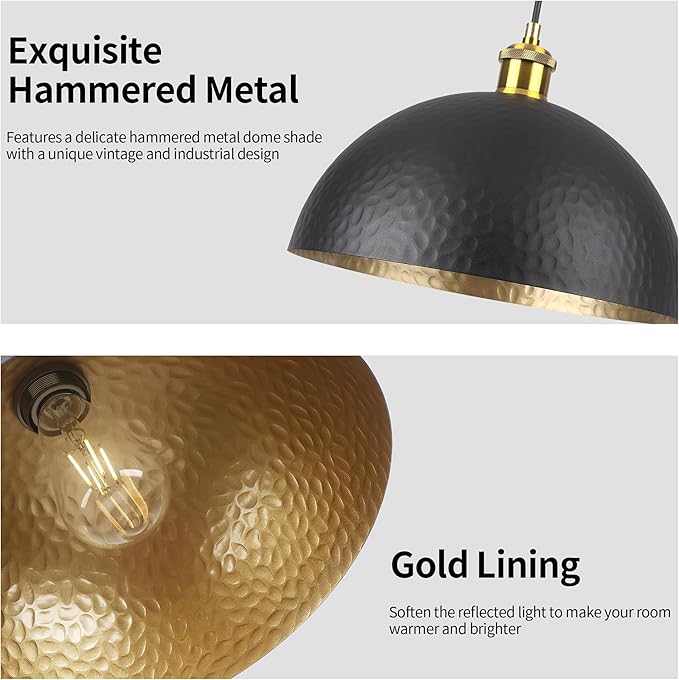 Black Farmhouse Pendant Light with Hammered Metal Shade Vintage Dome Pendant Light Adjustable Hanging Lighting fixtures for Kitchen Island Dining Room Hallway and Bar