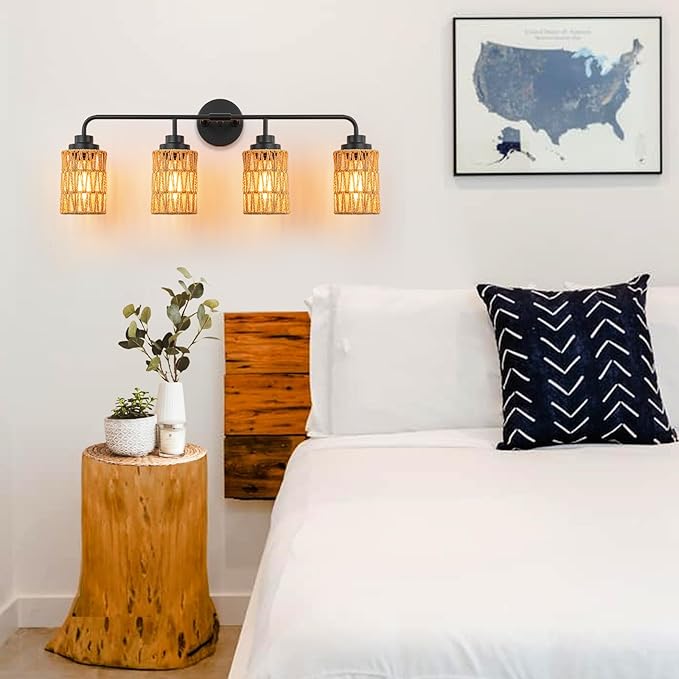 Bathroom Vanity Light, 4-Lights Boho Bathroom Light Fixtures Over Mirror with Rustic Handwoven Shades 30 inch Farmhouse Wall Sconce Lighting