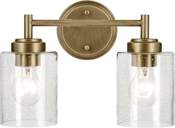 Kichler Winslow 13" 2-Light Bathroom Vanity Light Fixture with Clear Seeded Glass in Natural Brass for Luxe Industrial Style Over Mirror (13" x 9.25" x 6.5"), 45885NBR