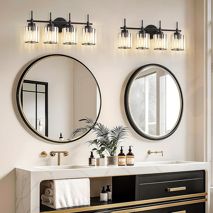 EJIAXIN 4 Light Round Crystal Vanity Lights, Modern Black Crystal Wall Light Bath Mirror Light Fixture Over Mirror Bathroom Wall Sconces for Bathroom Living Room