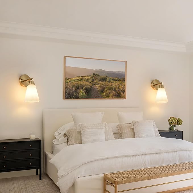 MWZ Gold Wall Sconce Decor 2 Pack,Modern Brushed Brass Sconces Lighting with White Glass Shade,Bathroom Light Fixtures Over Mirror,Vanity Lights Over Sink,Indoor Wall Mount Adjustable Angle Lamp