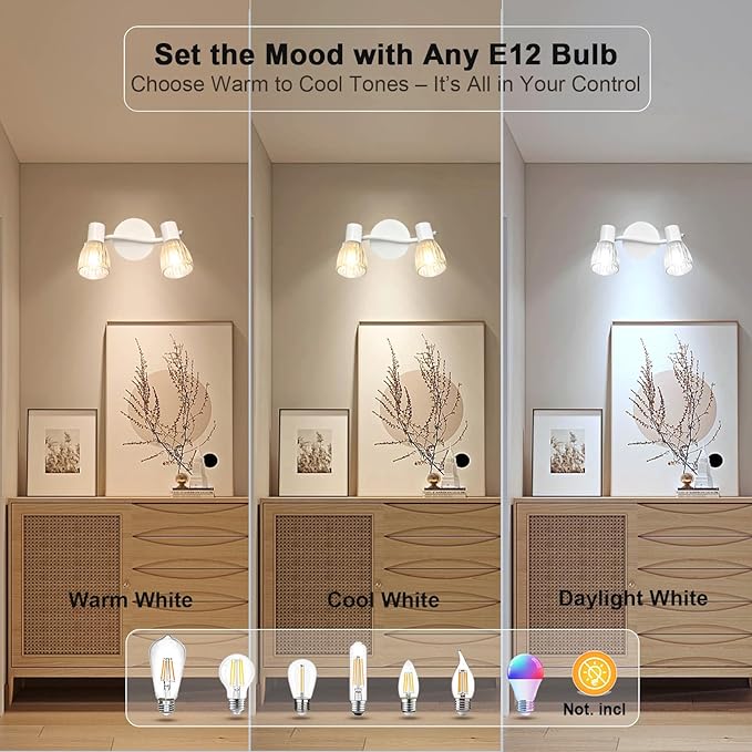 HiBay 2-Light Track Lighting, Directional Modern Ceiling Light Fixture White w/Glass Shades, Flush Mount Wall Spotlight Indoor for Kitchen, Bedroom, Living Room, E12 Base, No Bulbs