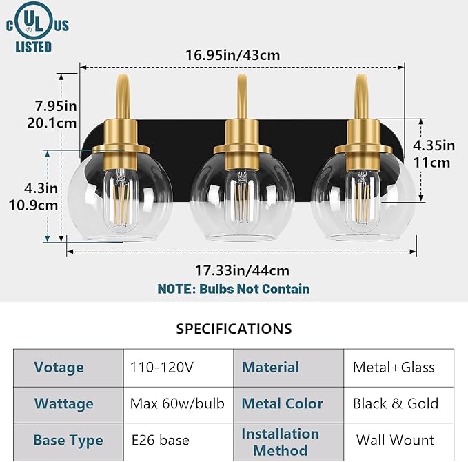 Dpyrrhic Modern 3-Light Vanity Light, Bathroom Lighting Fixture Over Mirror With Clear Glass Shade and Metal Base, Wall Sconces in Matte Black and Gold
