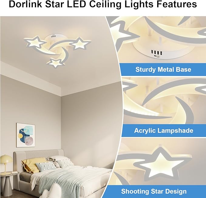 3 Lights Star LED Modern Ceiling Light, 21" 24W Flush Mount Ceiling Light Fixture, 3 CCT(3000K/4500K/6500K) via Wall Switch Ceiling Lamp for Bedroom Living Room KidsRoom Playroom