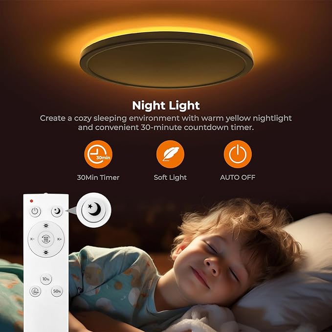 Matane Flush Mount Ceiling Light Fixture with Remote Control, Nightlight 8.7 Inch 18W 3000K-6500K Adjustable, Led Low Profile Ceiling Lights for Bedroom, Living Room,Dining Room, Kitchen, Round White