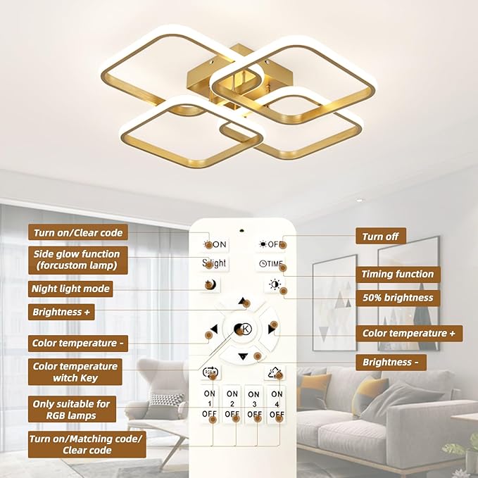 CANEOE Gold, Modern 4-Squares LED Ceiling Light Fixture, Dimmable, Remote Control, Square Flush Mount, Kitchen/Bedroom/Living Room Indoor Lighting, 23x23x5 inches, 48W, 3000K-6500K, 3840 Lumen