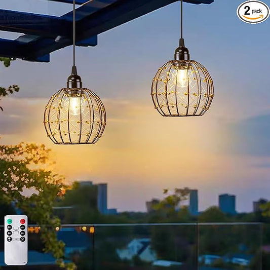TWINKVILLA Hanging Pendant Lights, Battery Operated Outdoor Chandelier with Warm White LED Bulb for Patio Tree Pergola Gazebo Porch (Beaded Ball-G50-2PK)