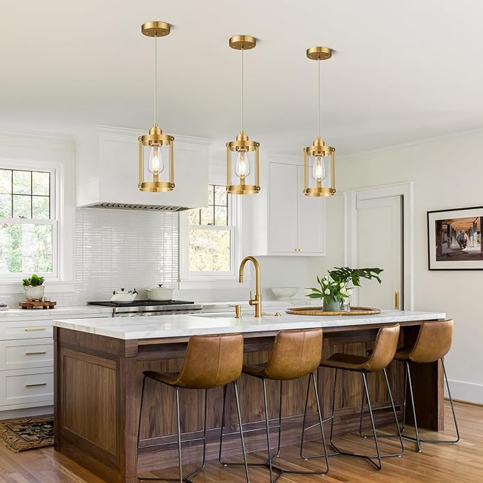 Brushed Gold Pendant Lights Kitchen Island 3 Pack, Modern Kitchen Pendant Lighting Over Island with Clear Glass, Farmhouse Brass Mini Hanging Light for Kitchen Sink Dining Room, OS-3014-3PBGC