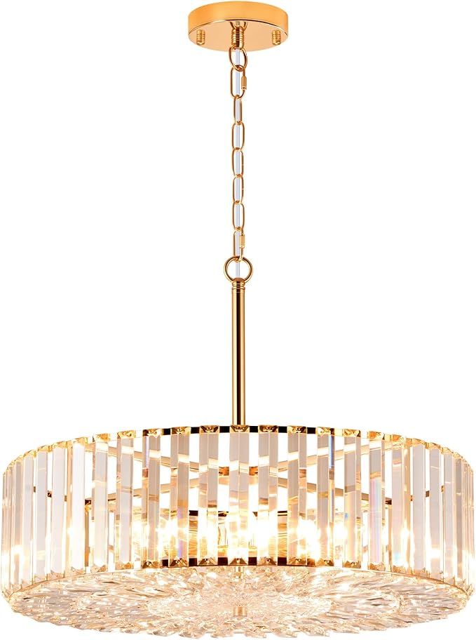 VONLUCE Cystal Ceiling Light Fixture, 6-Light Semi Flush Ceiling Light with Crystal Prisms, 21 in. Chandelier for Dining Room Bedroom Entryway, Kitchen, Gold Metal Canopy, ETL Certificated