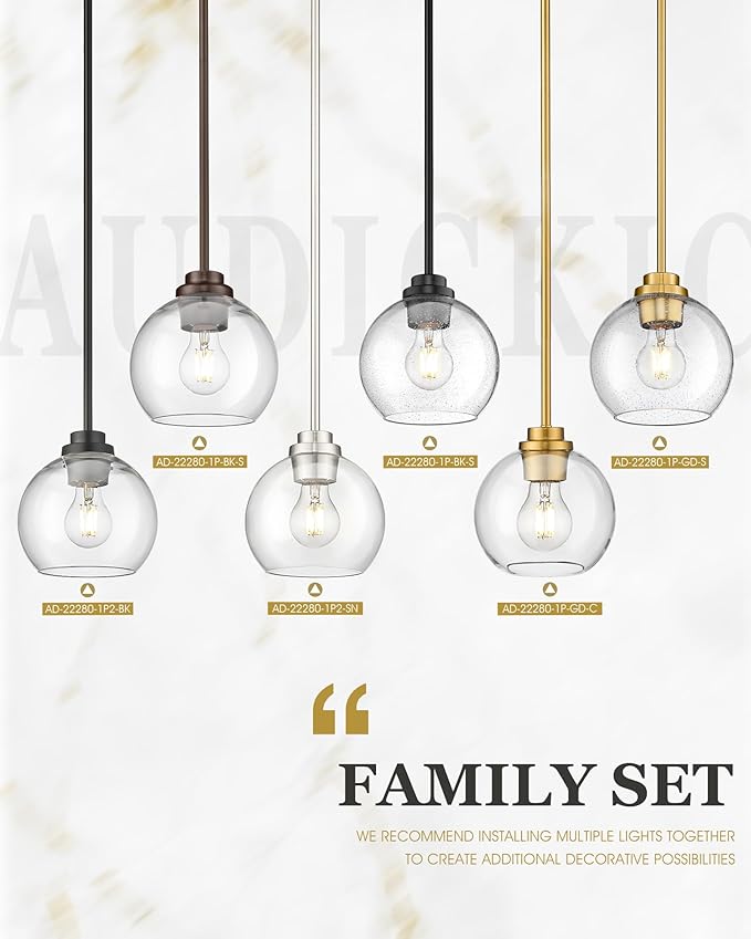 2-Pack Pendant Lights Kitchen Island, 7" Modern Black Hanging Lights Fixtures with Clear Seeded Glass Globe Shade, Kitchen Island Lighting for Bathroom, AD-22280-1P2-BK-S