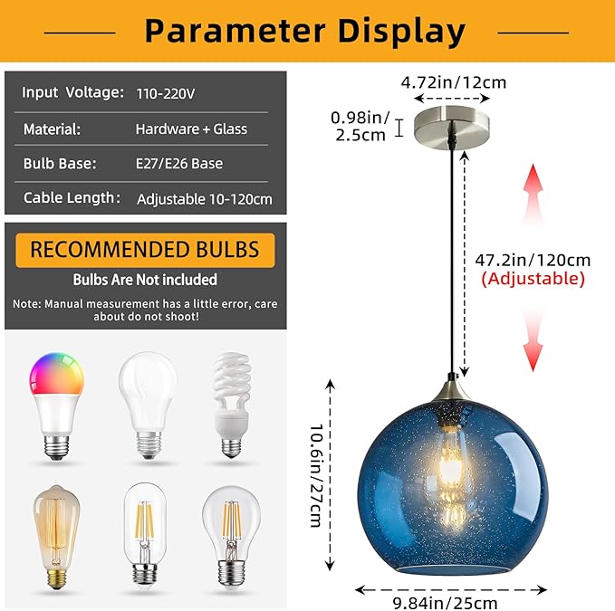Modern 3-Pack Glass Globe Pendant Lights, Blue Modern Pendant Lighting for Kitchen Island, Clear Glass Hanging Lamps for Dining Room Living Room Bedroom, Large 9.85 Inch Fixture (Bulbs Not Included)