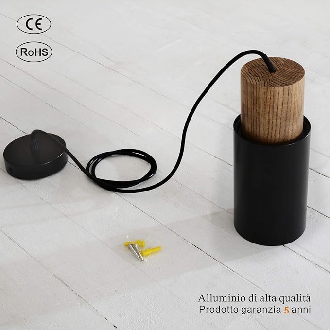 DUHU Black and Wood Pendant Light,Modern Kitchen Pendant Light Over Island,Industrial Metal Lampshade,Single Hanging Light E26 for Dinning Table,Bedroom Nightstand,Bar,Farmhouse,Height Adjustable