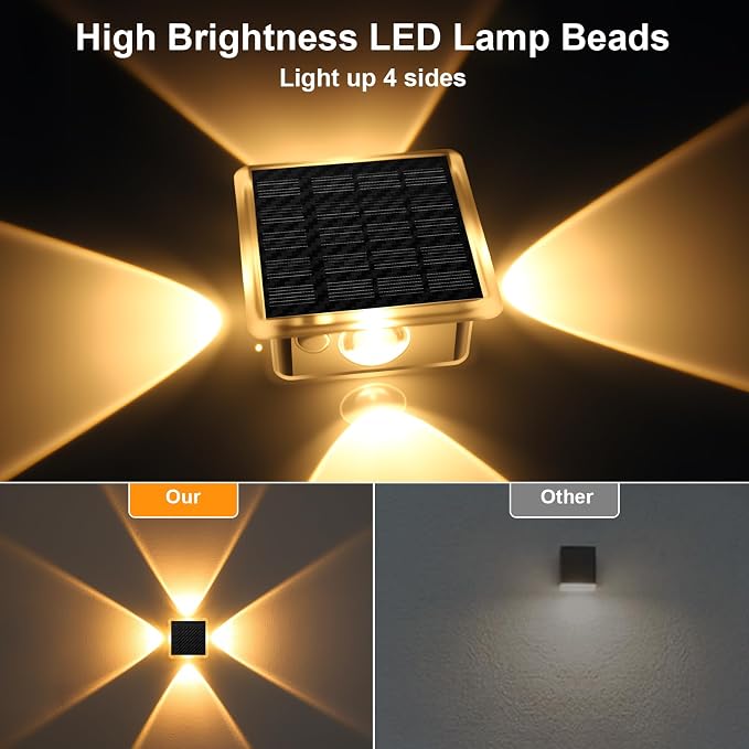 AUDLES Solar Wall Lights Outdoor Waterproof, 4-Sided Glow Solar Fence Lights, 3000K 4000K 6000K 3 Color Temperature Solar Wall Sconce for Garden Patio House Porch Poolside Decor-8 Pack