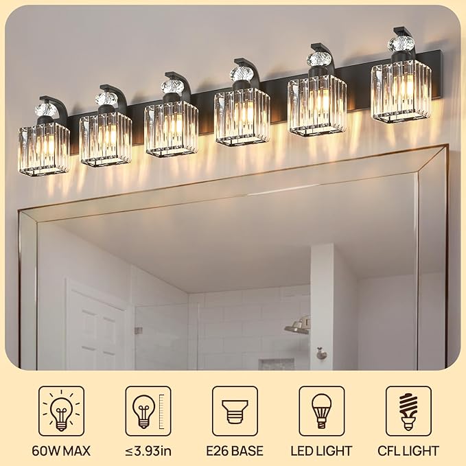 Modern Bathroom Vanity Light, 6-Light Black Bathroom Lighting Fixtures Over Mirror, 44.1" Crystal Wall Light Sconce for Bathroom/Bedroom/Vanity, Includes LED Bulbs, Easy Installation
