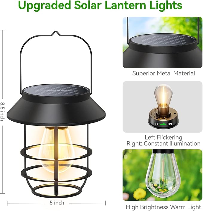 Solar Lanterns Outdoor Waterproof, High Brightness Hanging Solar Lights for Outside with Wall Hooks, Halloween Decor Retro Metal Outdoor Lanterns Auto On/Off for Patio, Yard Decor, Black, 4Pack