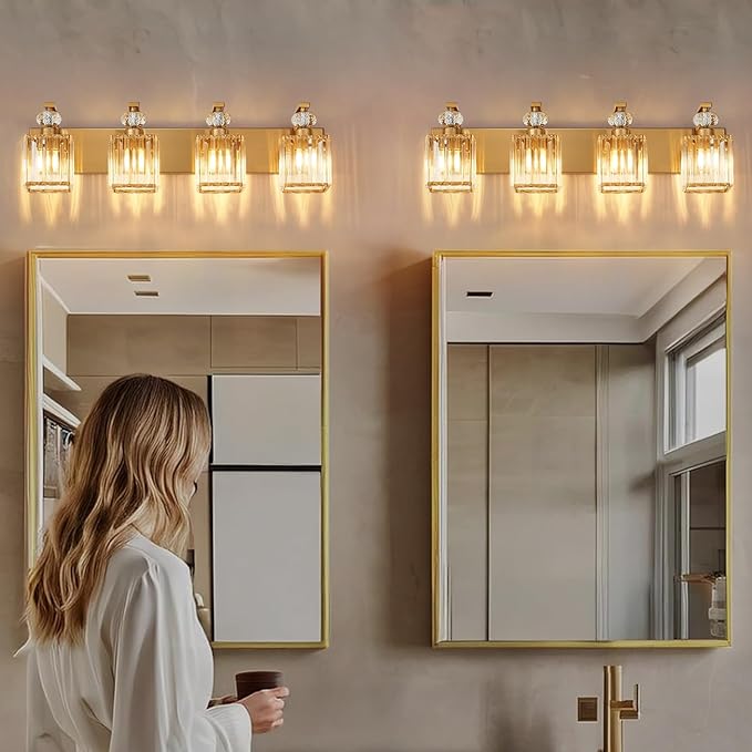 Modern Bathroom Vanity Light, 4-Light Gold Bathroom Lighting Fixtures Over Mirror, 28.4" Crystal Wall Light Sconce for Bathroom/Bedroom/Vanity, Includes LED Bulbs, Easy Installation