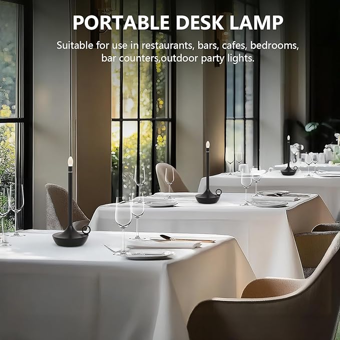 ModernPortable Table Lamp CordlessLED Desk Lamps, 3 Colors Stepless Dimming Rechargeable Battery Operated Lighting for Bedroom Dining Room Restaurant Coffee Shop Camping Night Light (Black)