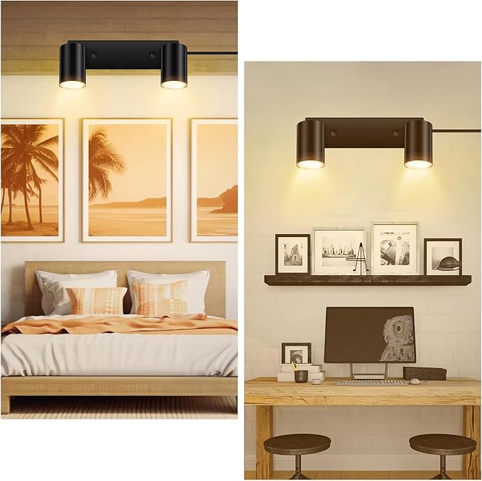 AUQUEE 2 Light Track Lighting Kit,Black 2 Way Modern Plug in Ceiling Spotlight,Industrial LED Wall Light for Kitchen Cabinet Gallery Bar Hallway Living Room,Rocker Switch,15 Foot Cord(No Bulb)