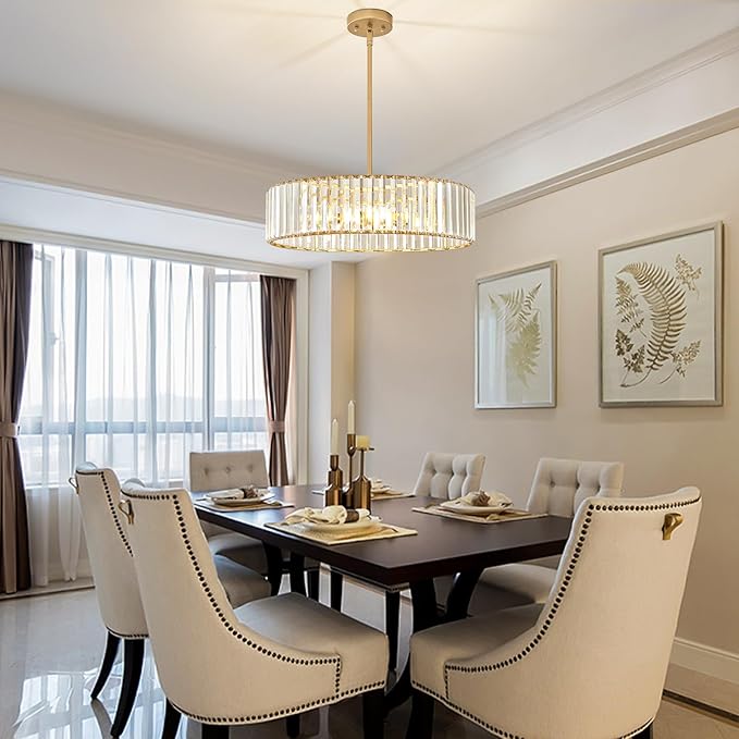 YURNYQ Gold Crystal Chandelier for Dining Room, 6-Light Modern Semi Flush Mount Chandelier Lighting Fixtures, Round Kitchen Hanging Drum Pendant Lights Ceiling for Living Room Bedroom Foyer, 19.6 Inch