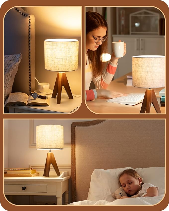EDISHINE Small Table Lamp, Wooden Tripod Bedside Lamp with Linen Fabric Lampshade, 14.2" Nightstand Lamp for Bedroom, Living Room, Office, 2 Pack
