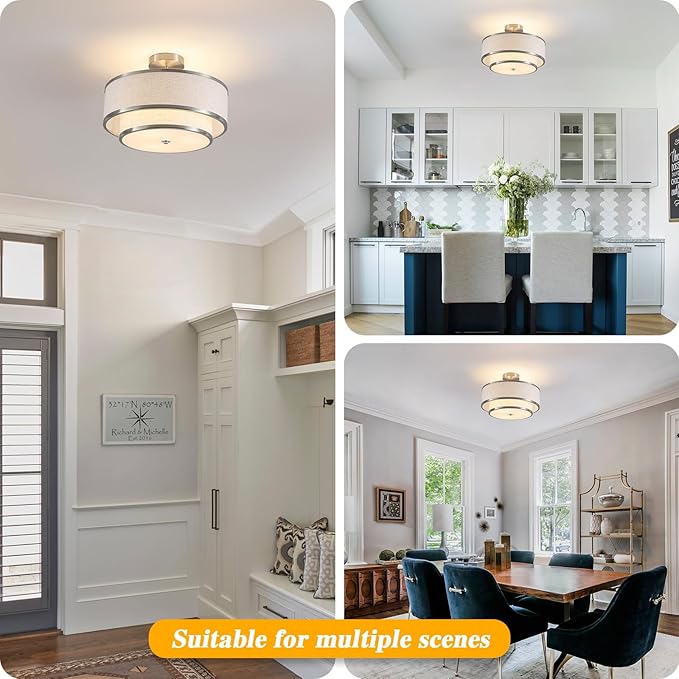 Semi Flush Mount Ceiling Light, 3-Light Double Drum Ceiling Light Fixture with Fabric Shade, Farmhouse Chandelier Dining Room Light Fixture for Bedroom, Kitchen, Hallway (Brushed Nickel)