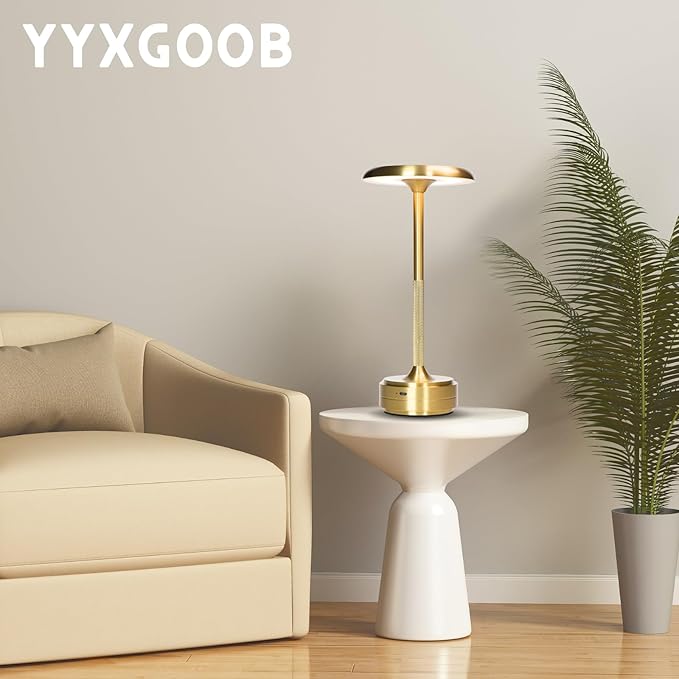 Cordless Portable LED Table Lamp， Rechargeable Battery Operated Desk Lamp with Touch Sensor Three-Level Dimmable Suitable for Home Office Bedroom Hotel Room Restaurant Outdoor (Gold)